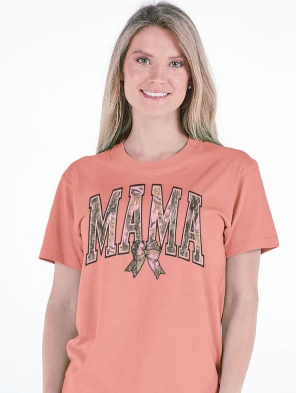 NWT Simply Southern "MAMA Pink🩷Camo🤎Bow🎀 Graphic T-Shirt" 💯Cotton PEACH🍑XXL